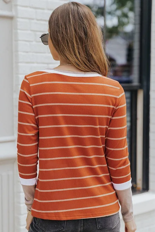 Brown Ribbed Knit Striped Top