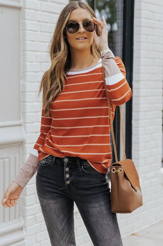 Brown Ribbed Knit Striped Top