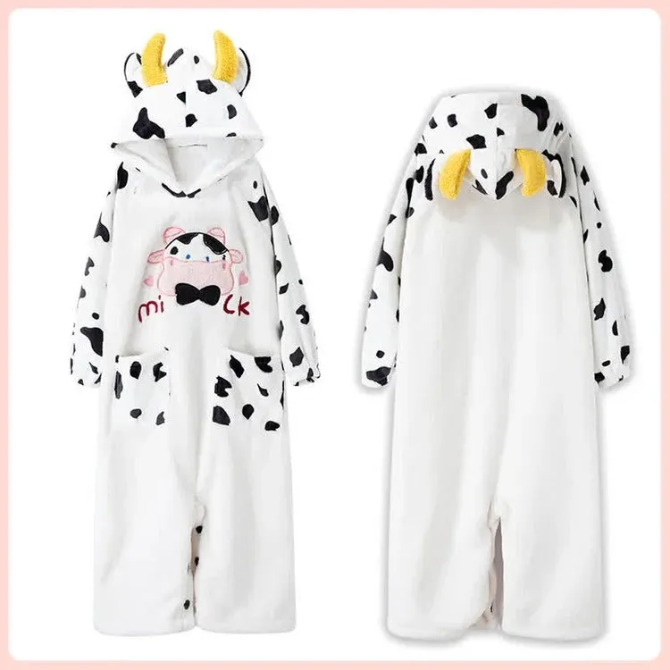 Cartoon Cow Letter Embroidery Pockets Plush Hooded Jumpsuit Pajamas