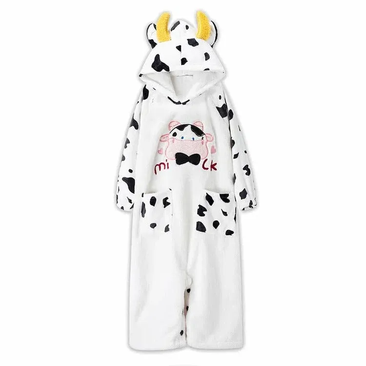 Cartoon Cow Letter Embroidery Pockets Plush Hooded Jumpsuit Pajamas