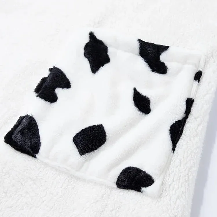 Cartoon Cow Letter Embroidery Pockets Plush Hooded Jumpsuit Pajamas