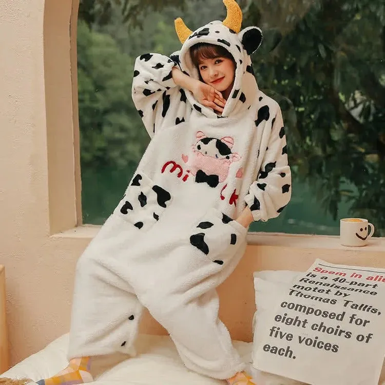 Cartoon Cow Letter Embroidery Pockets Plush Hooded Jumpsuit Pajamas