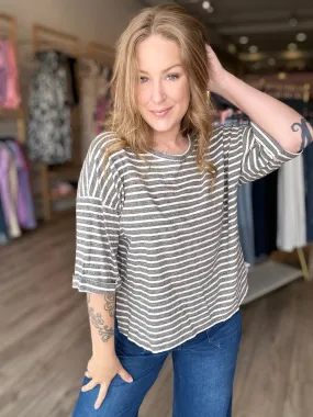 Charcoal Striped 3/4 Sleeve Top