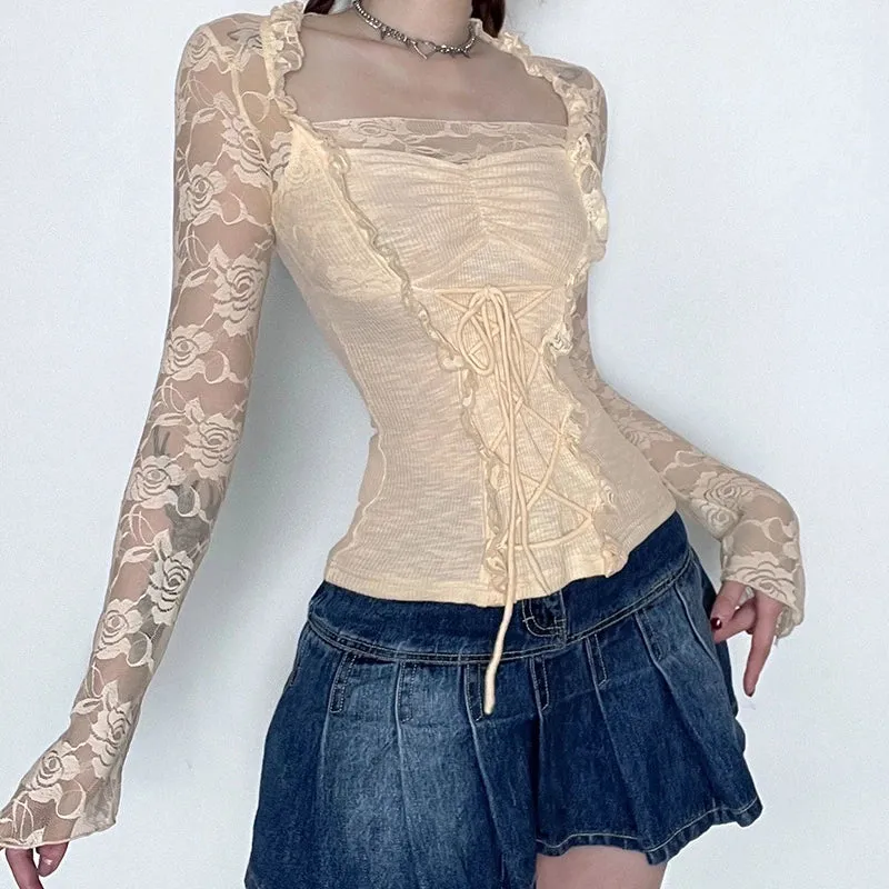 Chic Korean Autumn T shirt Female Cute Lace Spliced Fashon Tops Coquette Clothes Ruched Tie Up Slim Transparent Tees