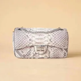 Classic Chain Double Flap Women's Genuine Python Leather Crossbody Shoulder Bag Grey