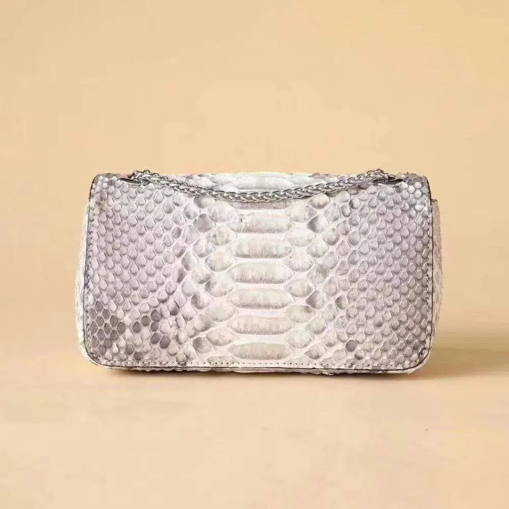 Classic Chain Double Flap Women's Genuine Python Leather Crossbody Shoulder Bag Grey