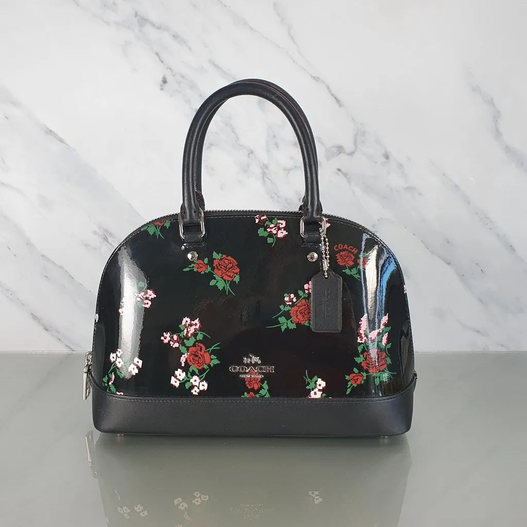 Coach Mini Sierra Satchel in Black Patent Leather with Floral Print - LIMITED EDITION