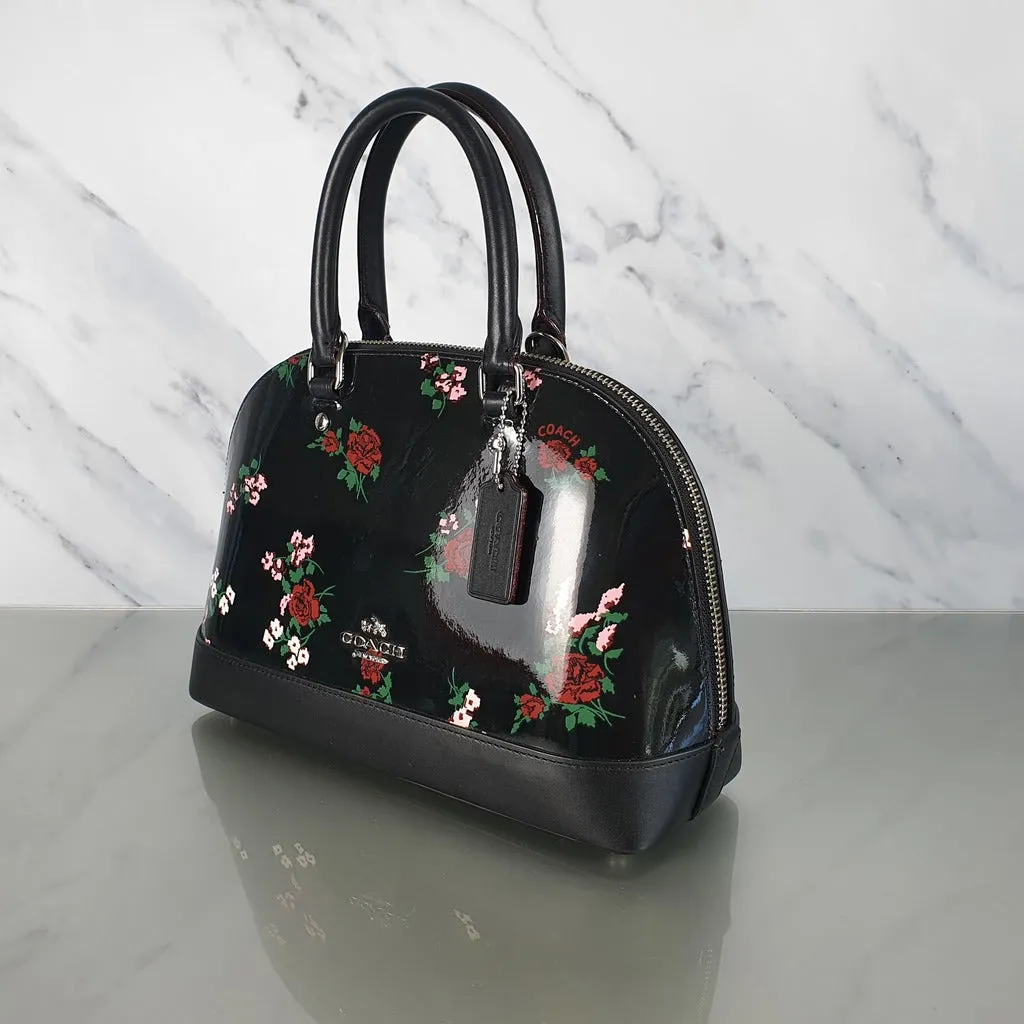 Coach Mini Sierra Satchel in Black Patent Leather with Floral Print - LIMITED EDITION