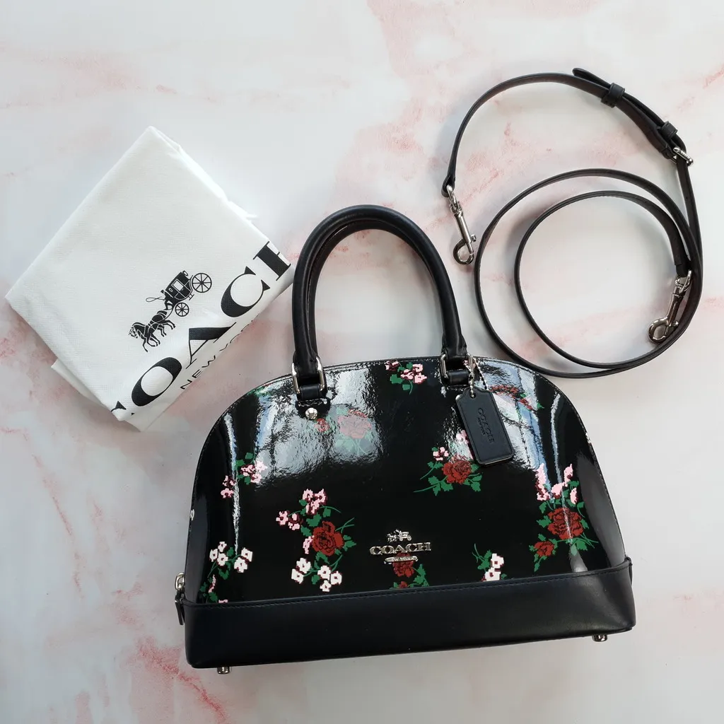 Coach Mini Sierra Satchel in Black Patent Leather with Floral Print - LIMITED EDITION