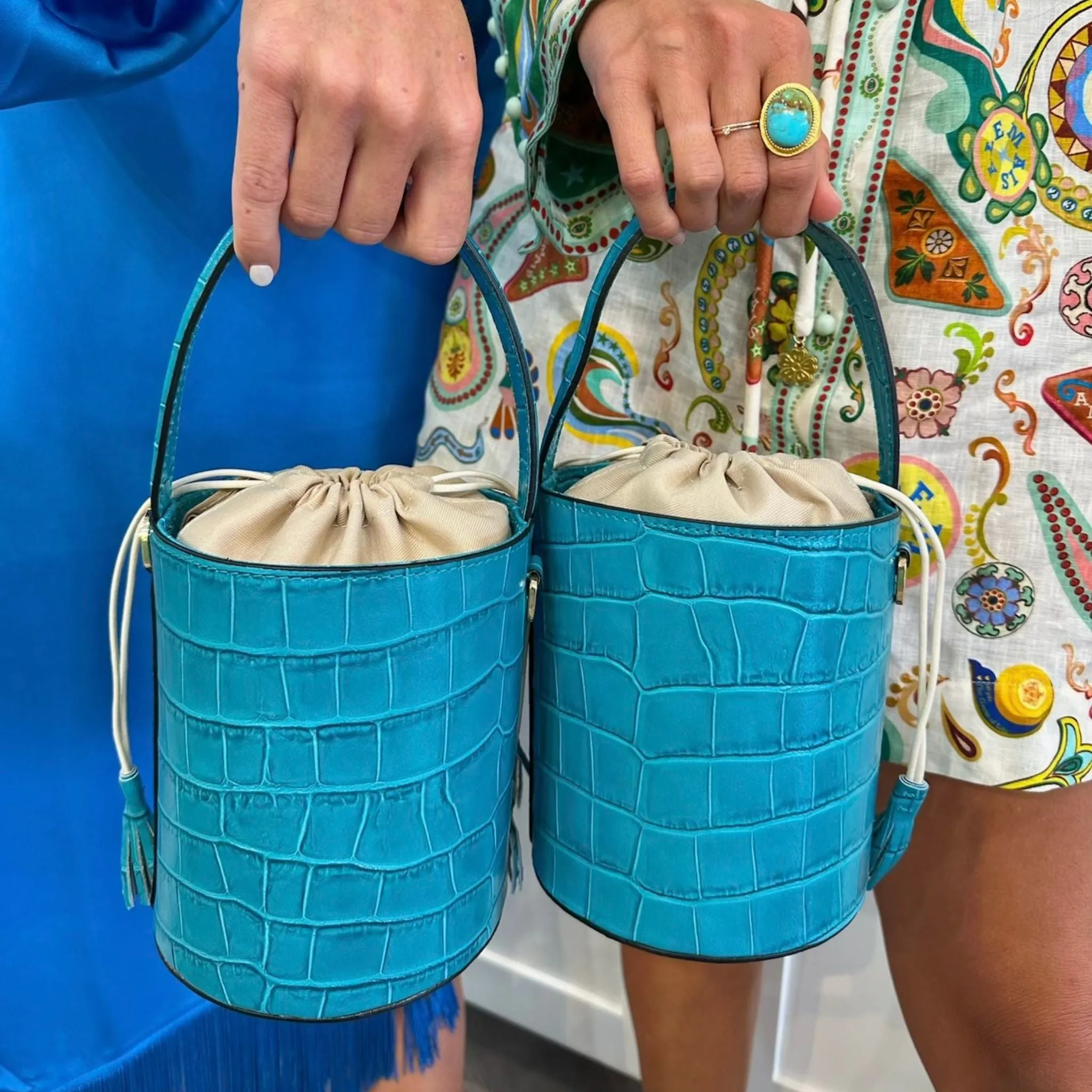 Colores Collective x Christina Greene Turquoise Croc Bucket Bag