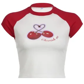 Cute Short Sleeve Cherry Print Graphic T shirt Women Baby Tee Raglan Sleeve Contrast Korean Summer Crop Tops Clothing