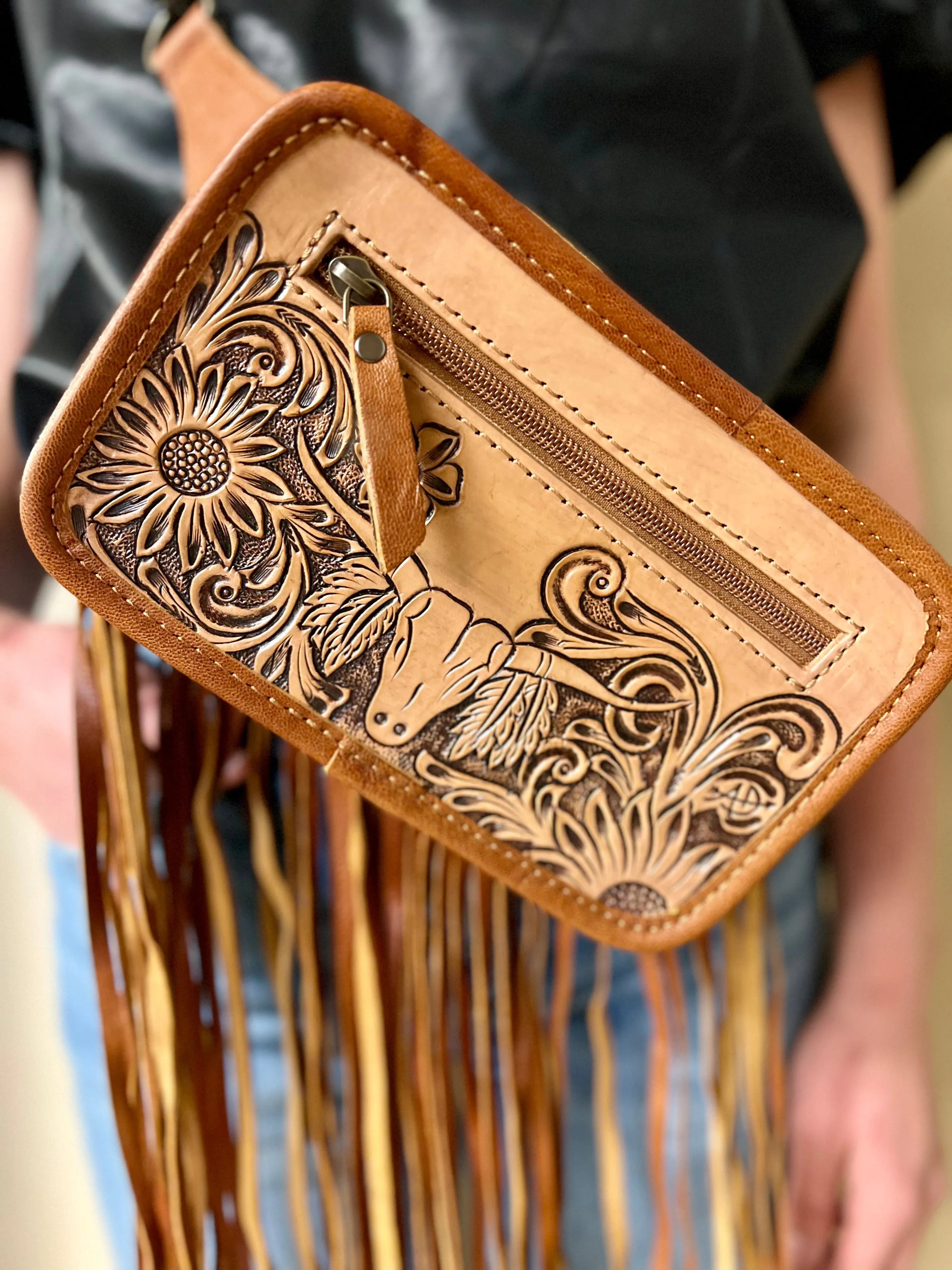 Darling Bull Tooled Front Sling Bag