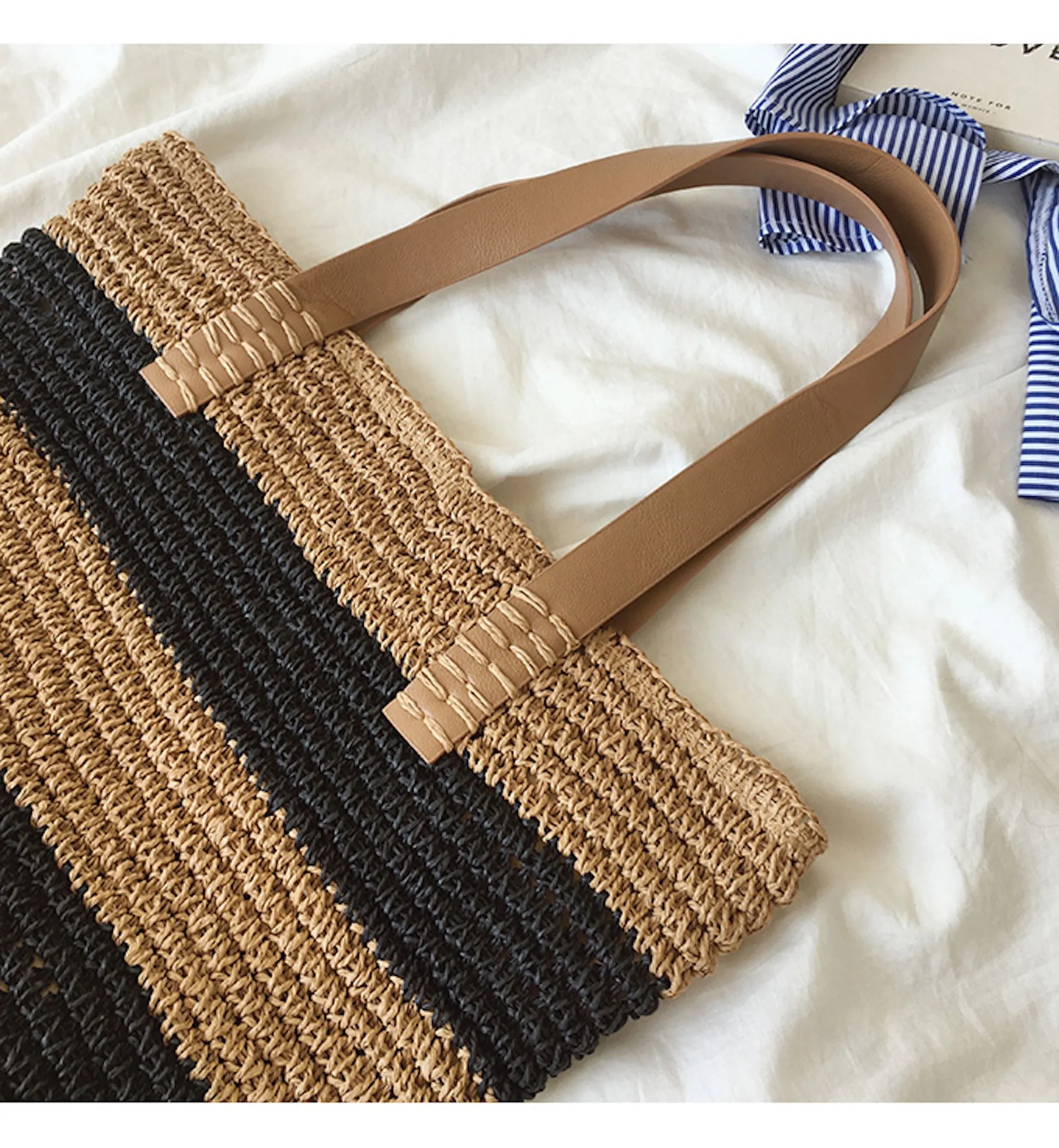 Elena Handbags Striped Straw Woven Tote Bag