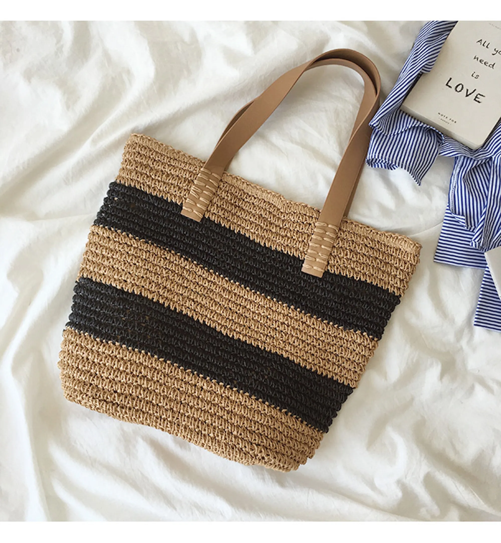 Elena Handbags Striped Straw Woven Tote Bag