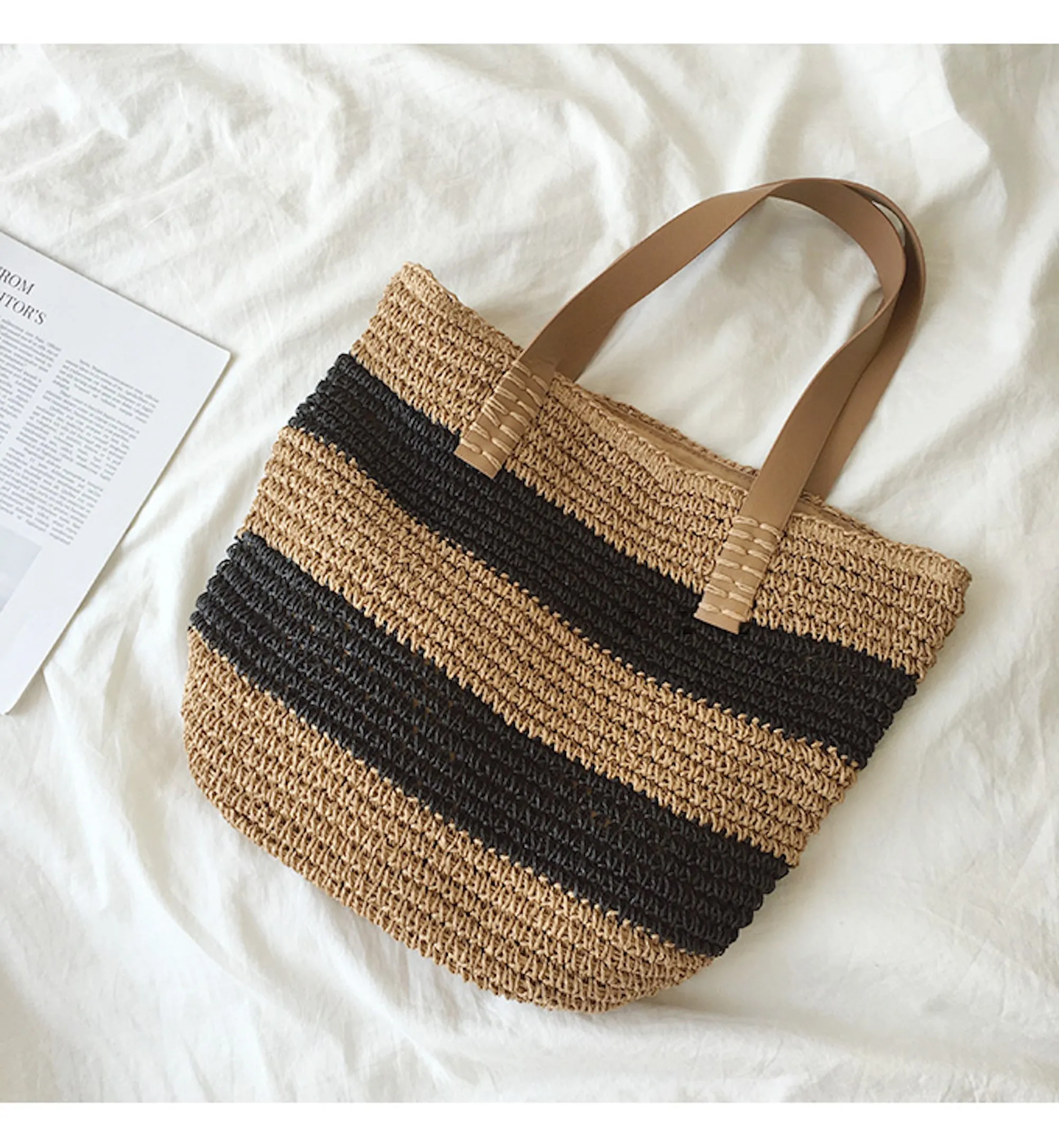 Elena Handbags Striped Straw Woven Tote Bag