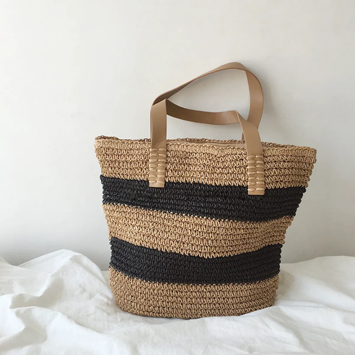 Elena Handbags Striped Straw Woven Tote Bag