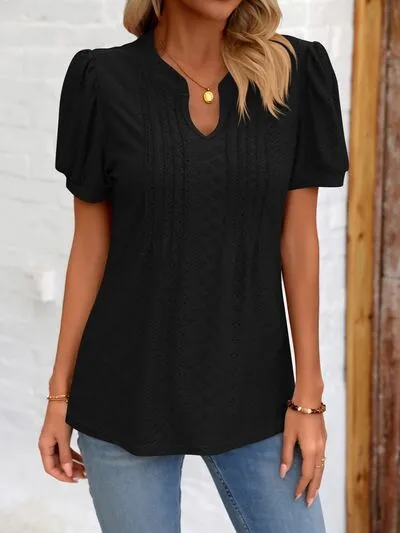 Eyelet Notched Puff Sleeve T-Shirt