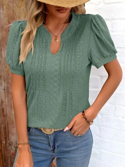 Eyelet Notched Puff Sleeve T-Shirt