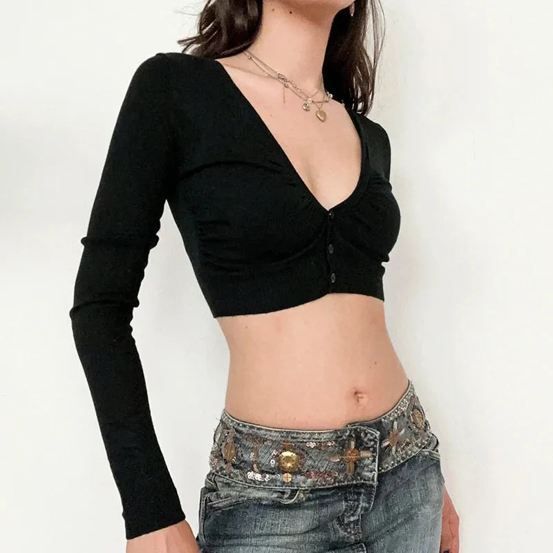 Fashion V Neck Black Skinny Crop Top Party T-shirts Basic Ladies Buttons Up Folds Long Sleeve Autumn Tee Elegant