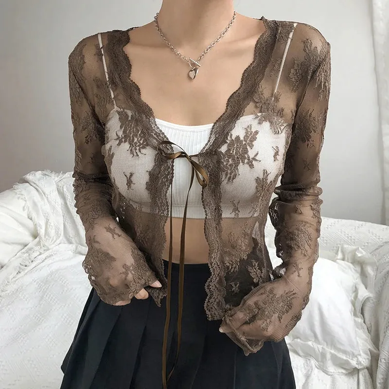 Fashion White Lace Top Women T-shirt Transparent Summer Front Tie Up Crop Tops Retro Cardigan Long Sleeve Tshirt