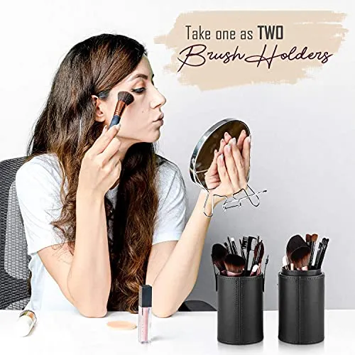 FineMoe Large Makeup Brush Holder for Makeup Artist & Makeup Brushes Set Organizer for Travel, Premium PU Leather Makeup Brush Stand Cosmetic Dustproof Makeup Brush Pouch & Pouch Cup Case (Black)