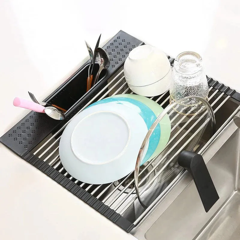 Foldable Roll Up Dish Drying Rack for Kitchen Sink Stainless Drainer