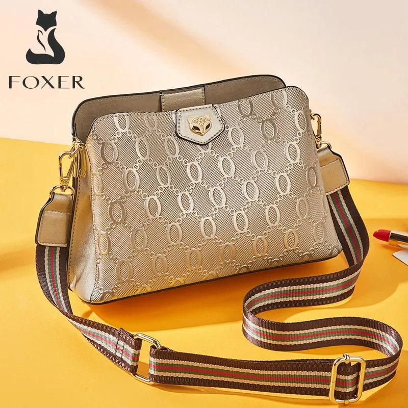 FOXER Gold Crossbody Wide Weave Zipper Clasp Shoulder Bag