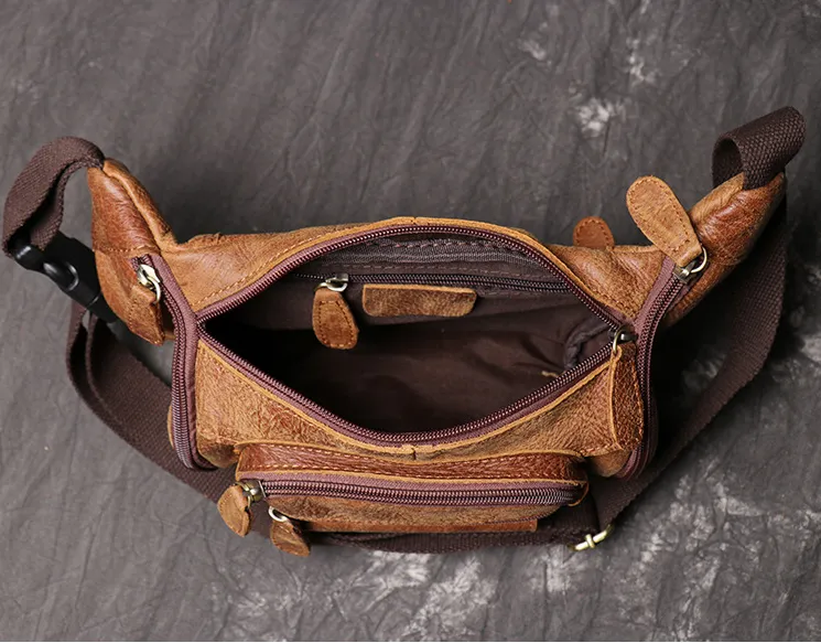 Full Grain Leather Fanny Pack Single Stripe Chest Bag Casual Waist Bag