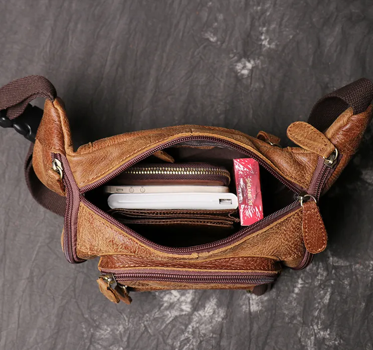 Full Grain Leather Fanny Pack Single Stripe Chest Bag Casual Waist Bag