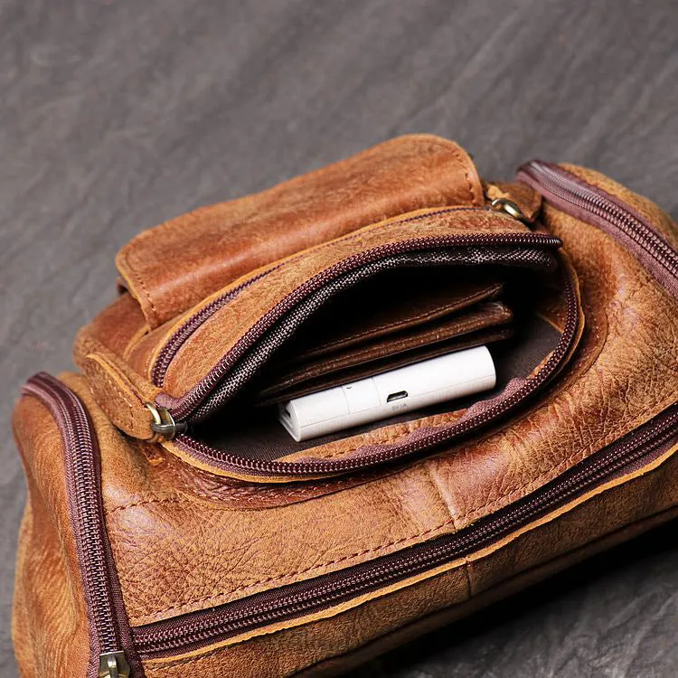 Full Grain Leather Fanny Pack Single Stripe Chest Bag Casual Waist Bag