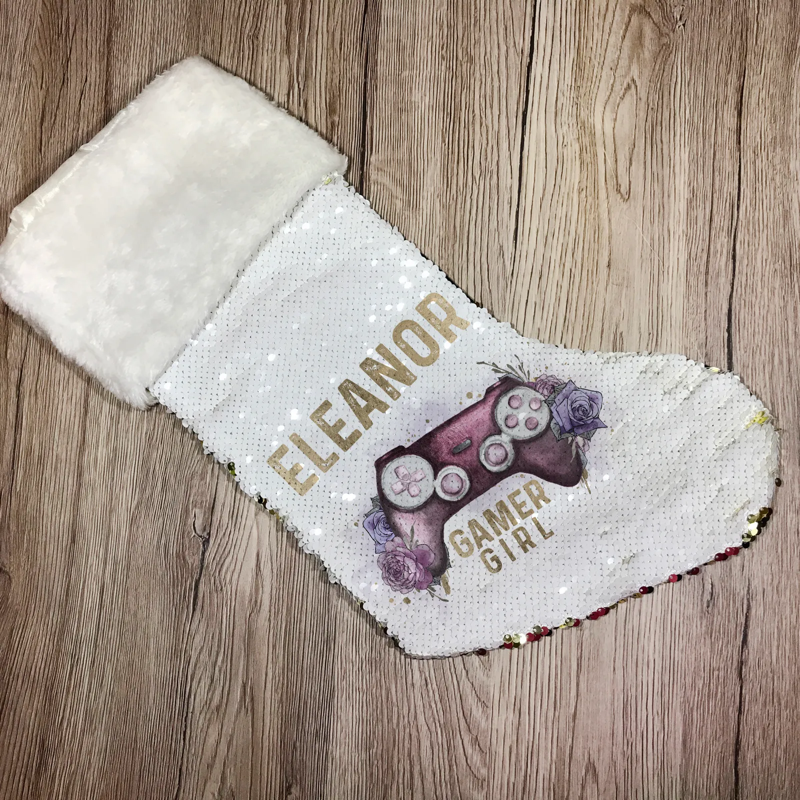 Gamer Girl Floral Personalised Fur Topped Sequin Christmas Stocking