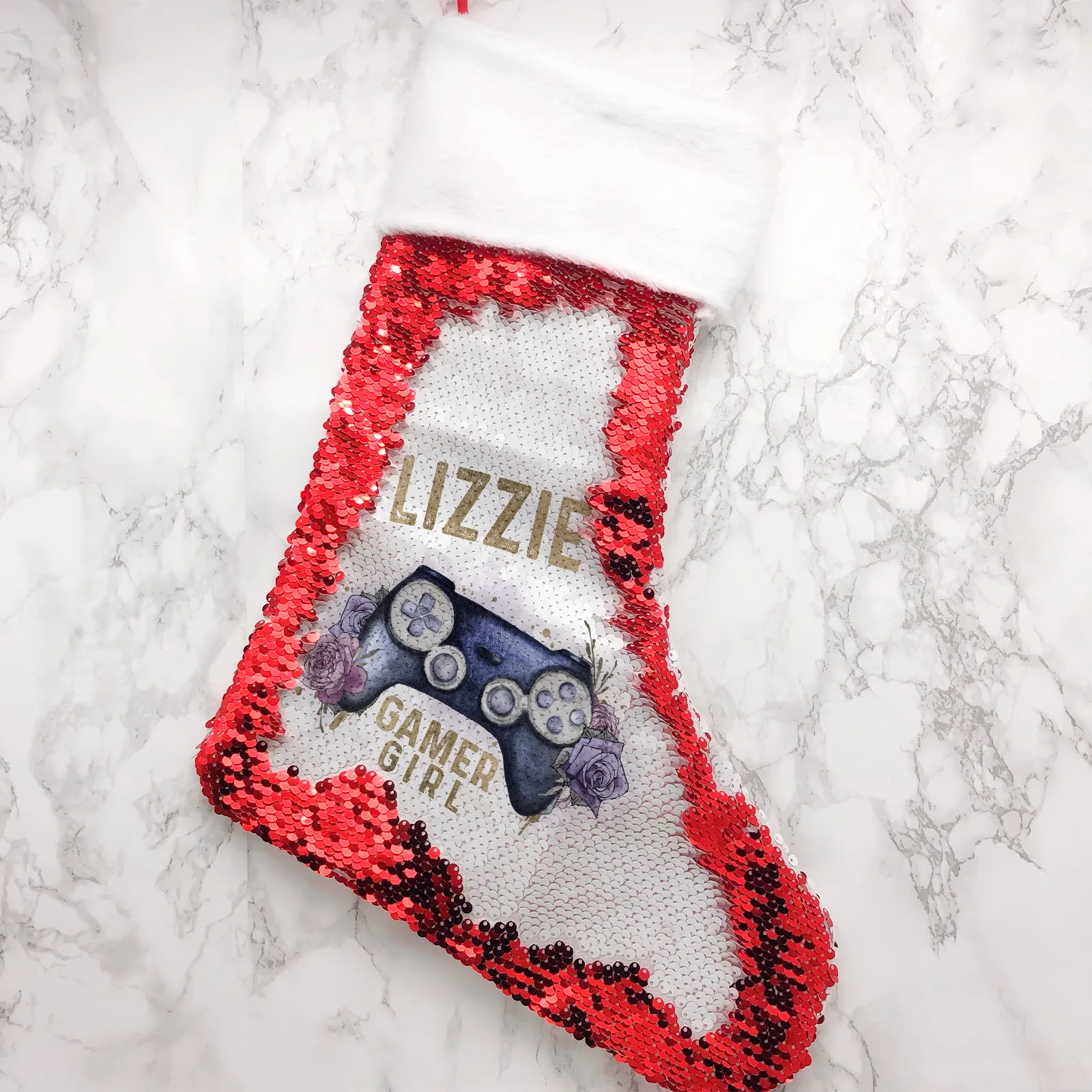 Gamer Girl Floral Personalised Fur Topped Sequin Christmas Stocking