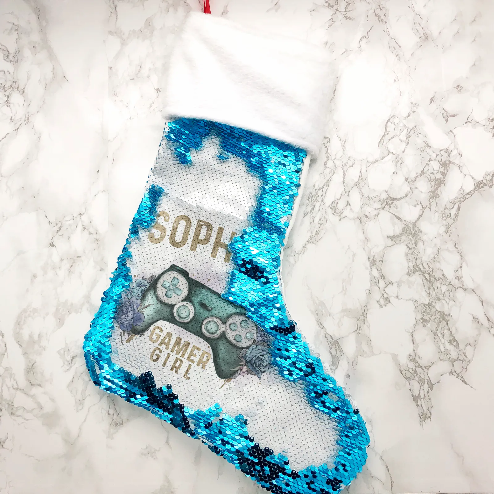 Gamer Girl Floral Personalised Fur Topped Sequin Christmas Stocking