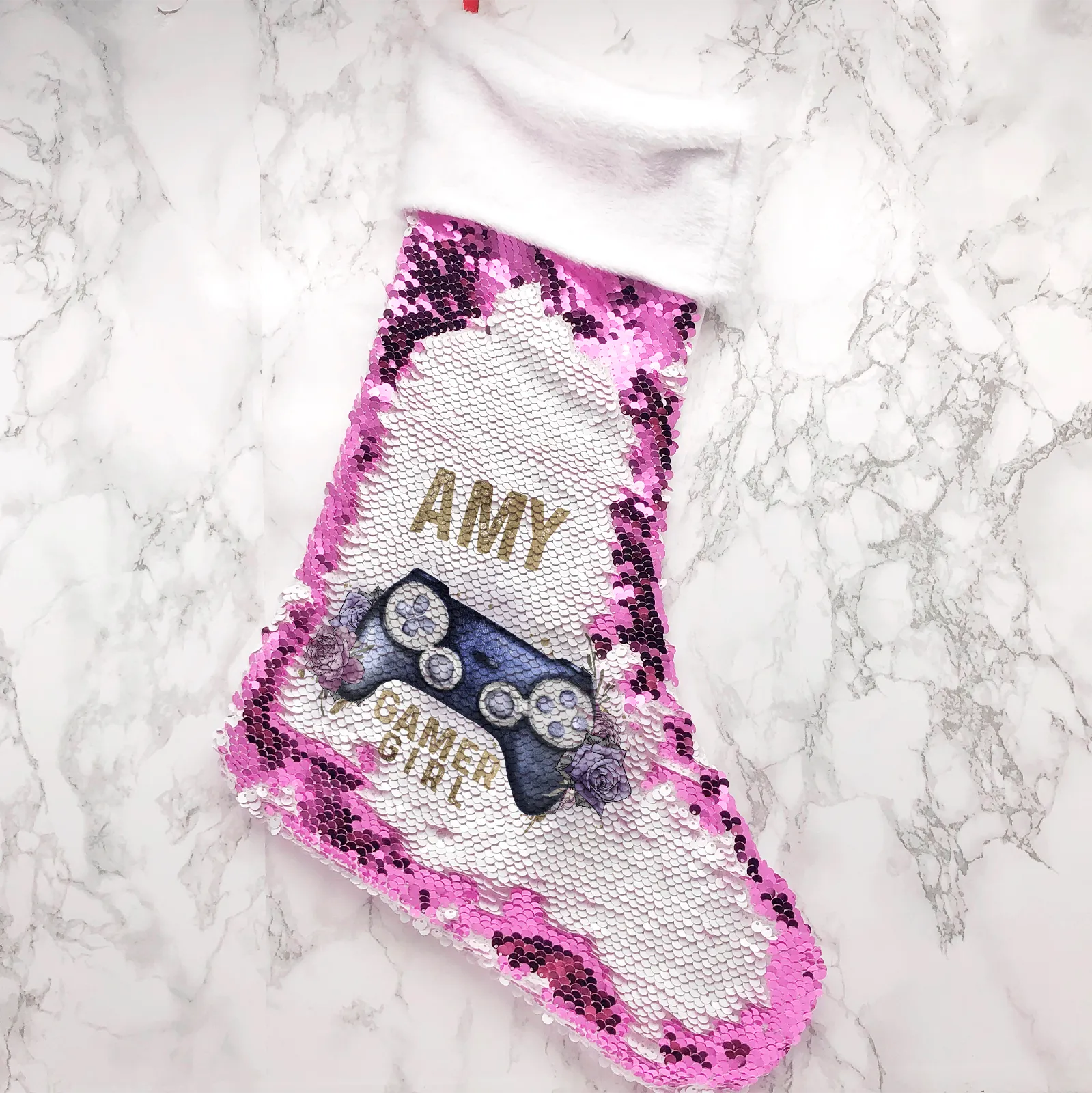 Gamer Girl Floral Personalised Fur Topped Sequin Christmas Stocking