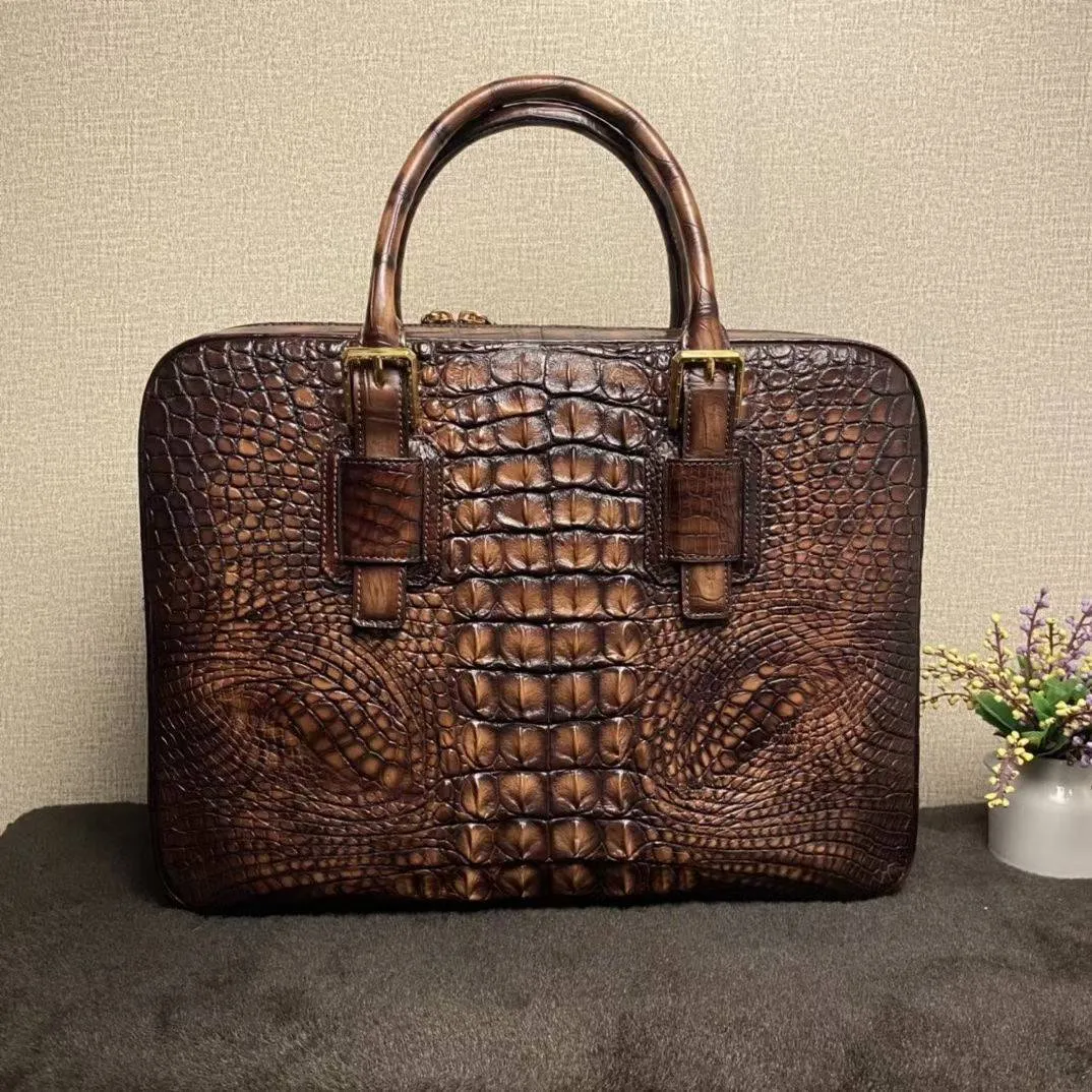 Genuine Crocodile Leather Briefcase ,Business Laptop Bags Vintage Tan