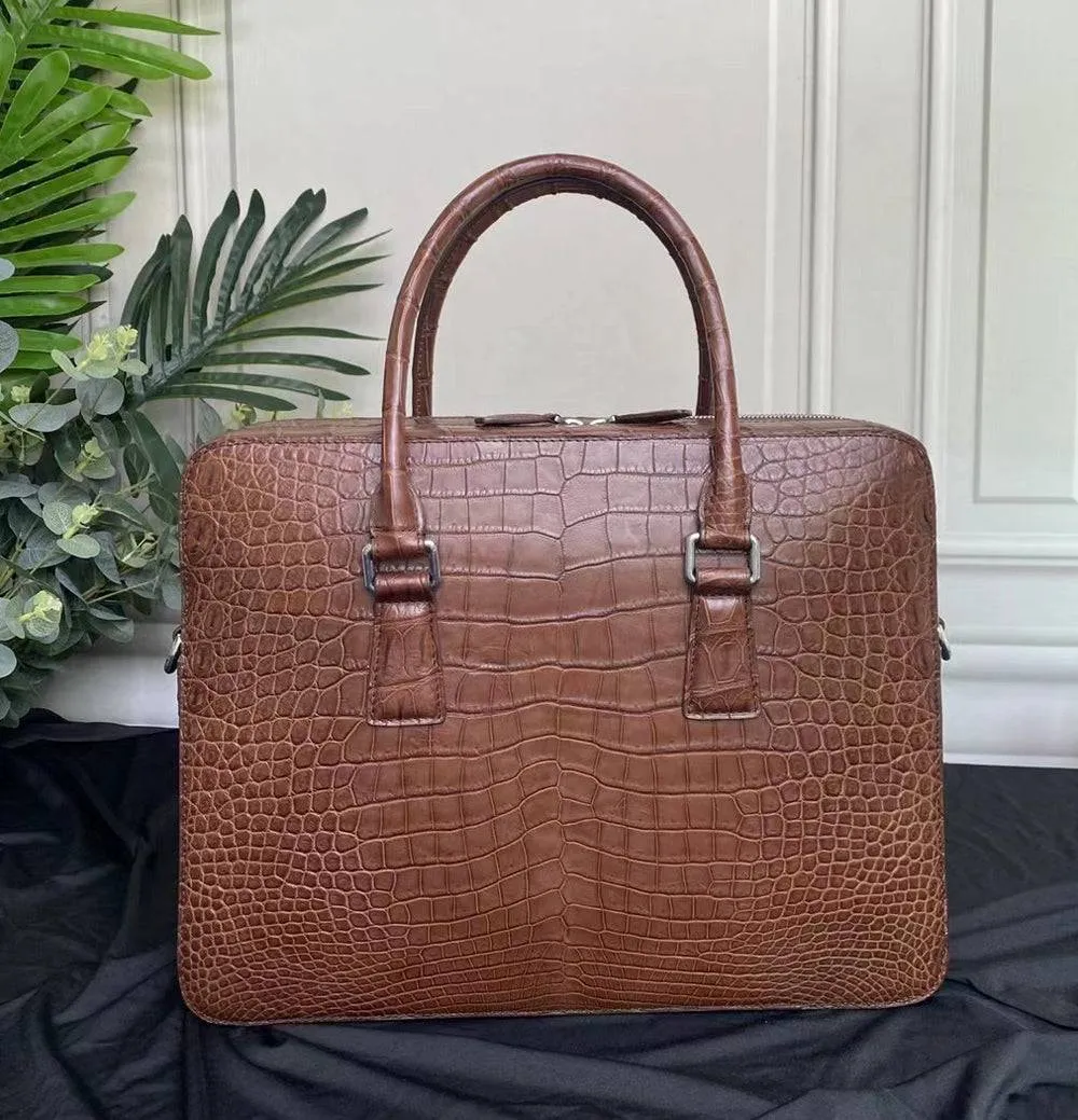 Genuine Crocodile Leather Laptop Briefcase Brown Large Volumn