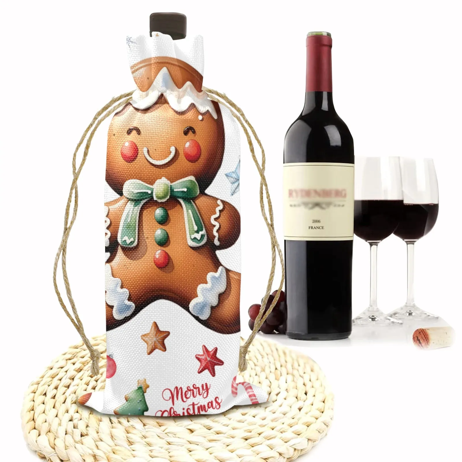 Gingerbread Man awd316 Linen Wine Bottle Bag