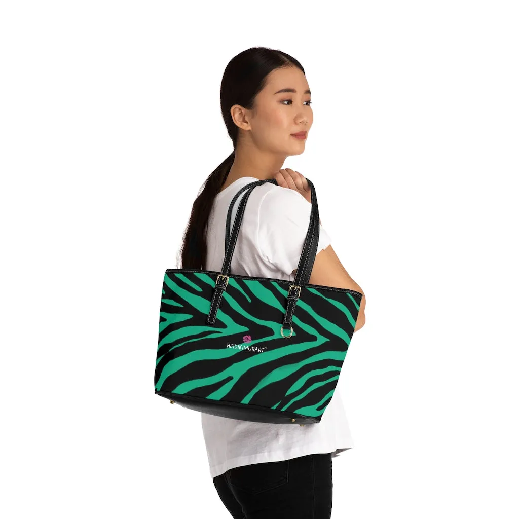 Green Zebra Print Tote Bag, Animal Print PU Leather Shoulder Hand Work Bag 17"x11"/ 16"x10" For Ladies