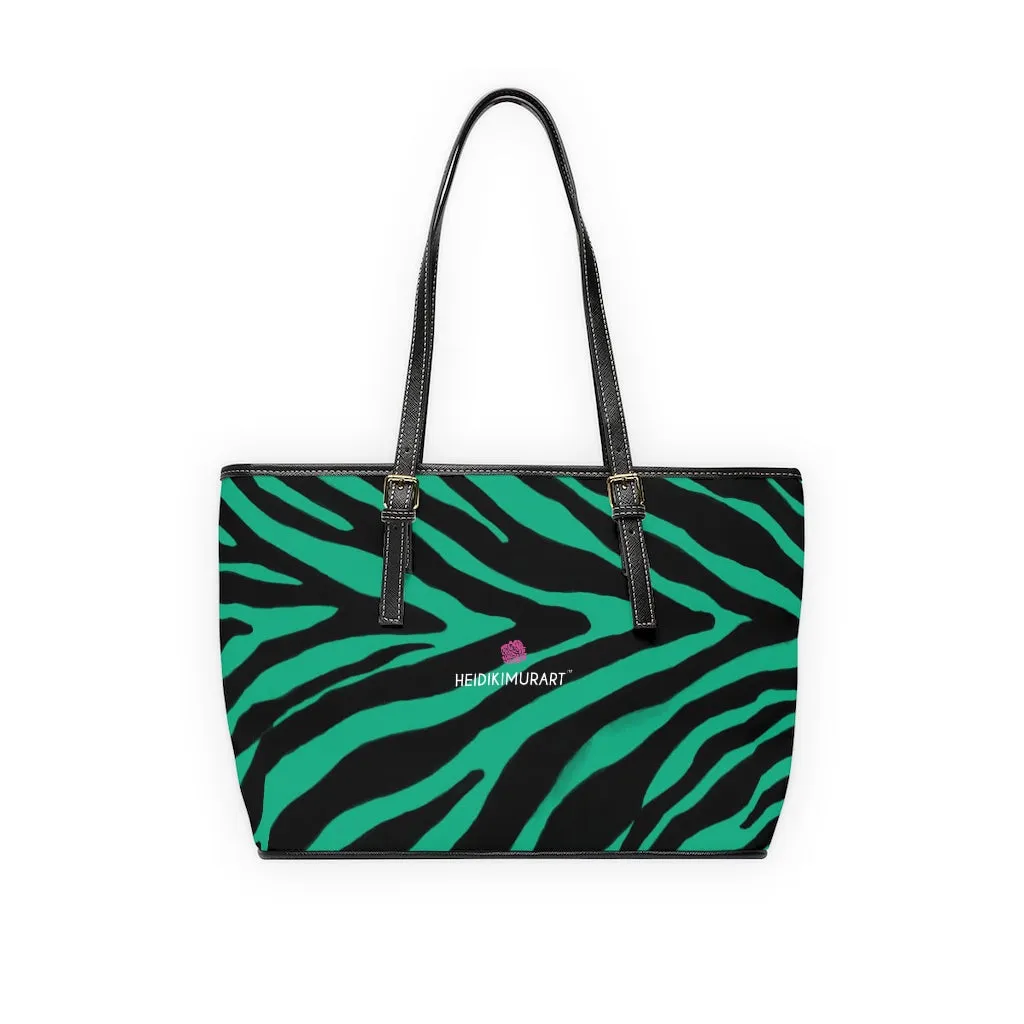 Green Zebra Print Tote Bag, Animal Print PU Leather Shoulder Hand Work Bag 17"x11"/ 16"x10" For Ladies