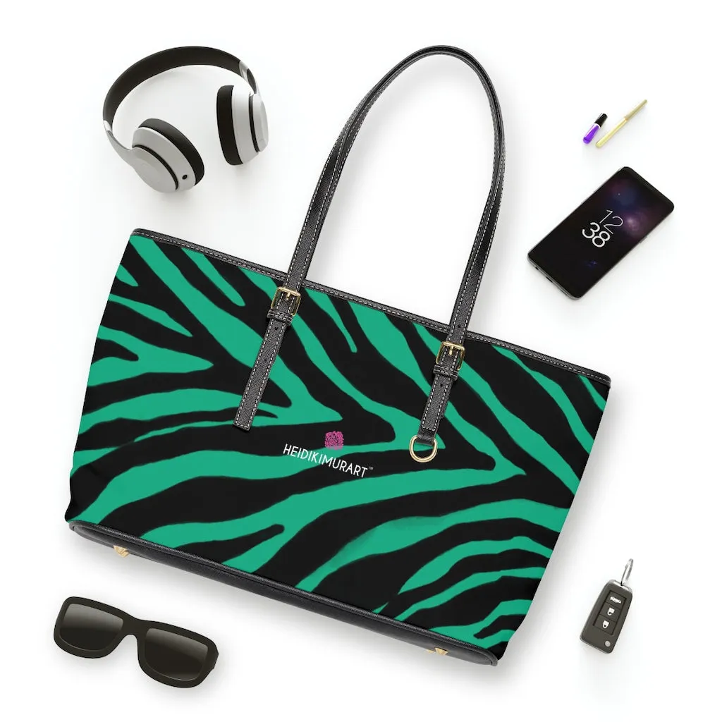 Green Zebra Print Tote Bag, Animal Print PU Leather Shoulder Hand Work Bag 17"x11"/ 16"x10" For Ladies