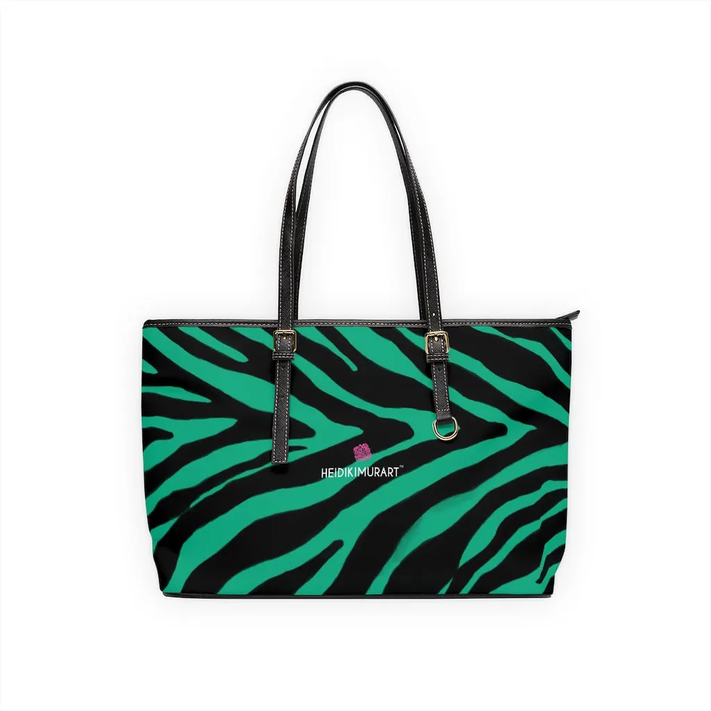 Green Zebra Print Tote Bag, Animal Print PU Leather Shoulder Hand Work Bag 17"x11"/ 16"x10" For Ladies