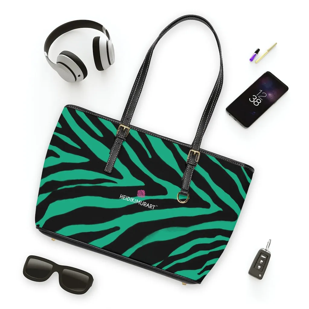 Green Zebra Print Tote Bag, Animal Print PU Leather Shoulder Hand Work Bag 17"x11"/ 16"x10" For Ladies