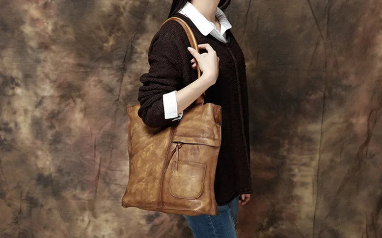 Handmade Full Grain Leather Messenger Bag Tote Bag Shopping Bag