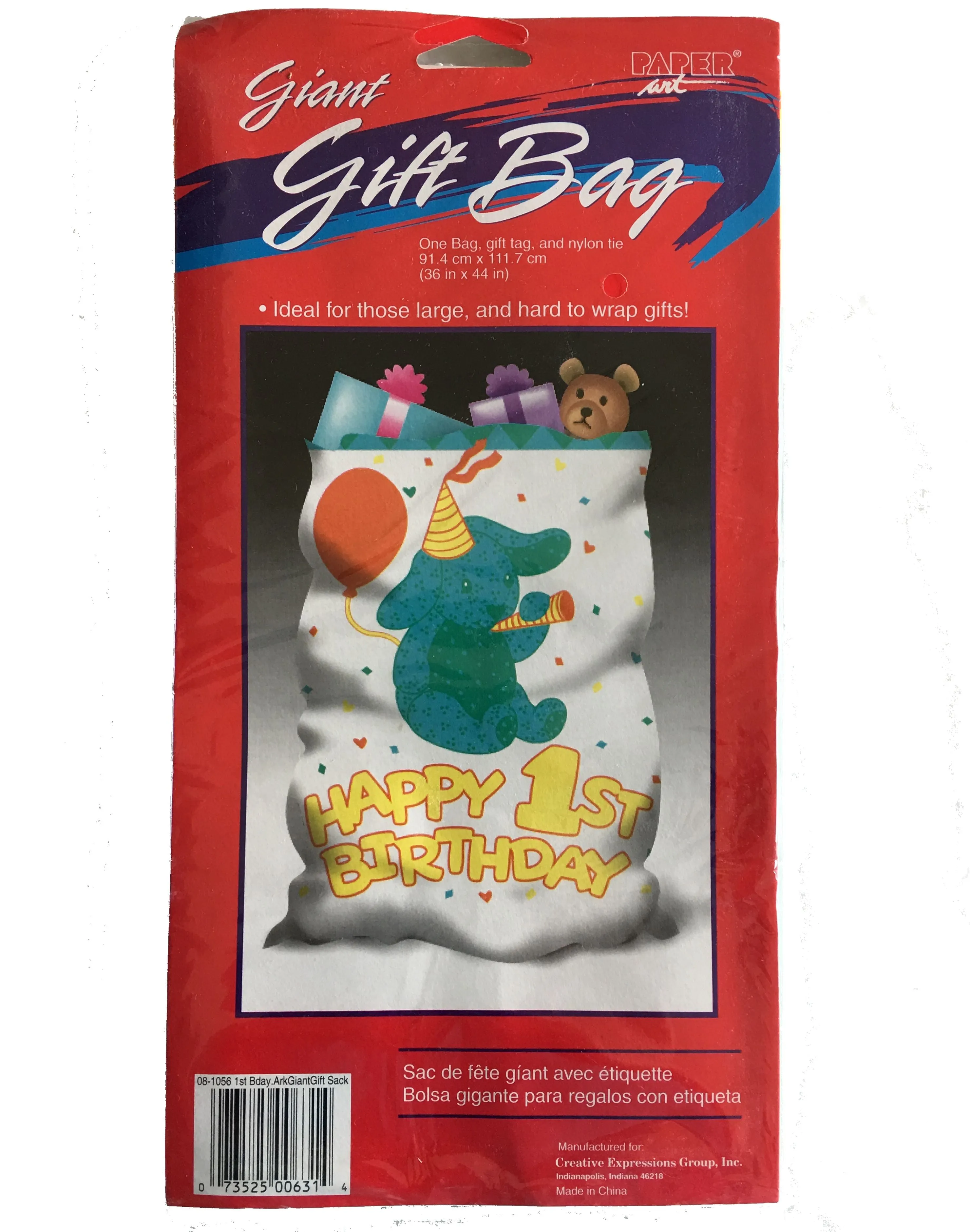 Happy 1st Birthday Party Noah's Ark Bunny Giant Plastic Gift Bag with Tag & Tie 36" x 44"