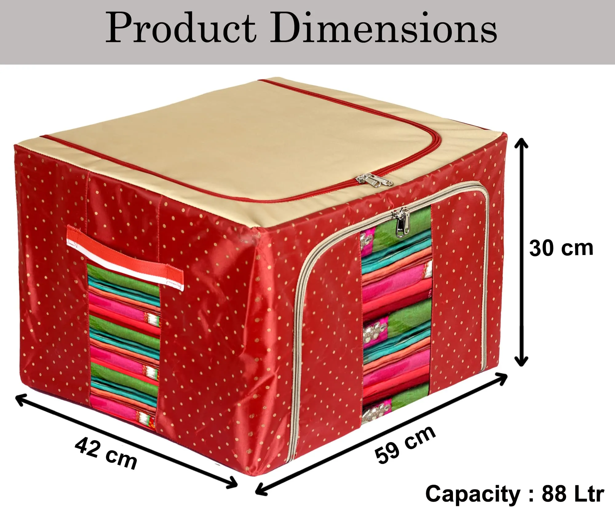 Heart Home Dot Printed Steel Frame Living Box, Closet Organizer, Cloth Storage Boxes for Wardrobe With Clear Window, 88Ltr.- Pack of 2 (Maroon & Brown)-44HH0276