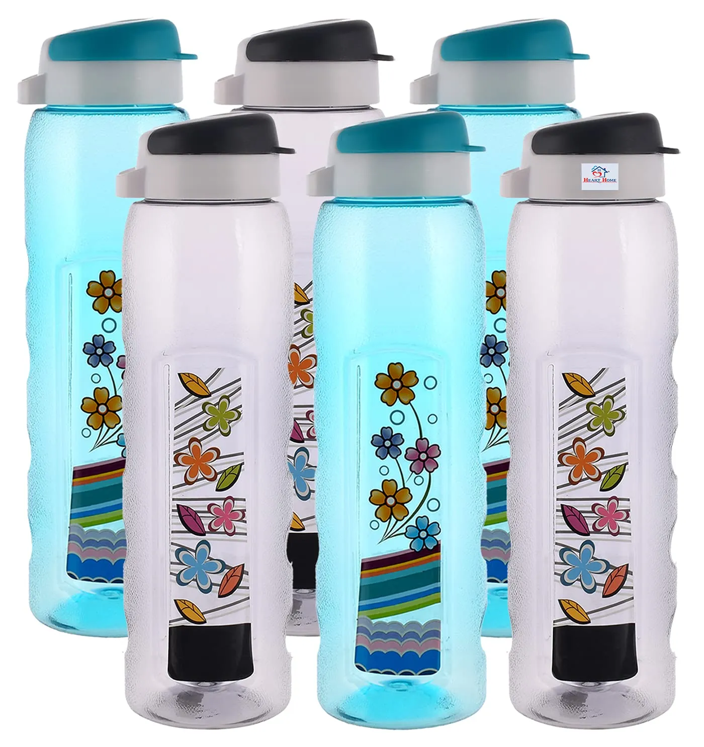 Heart Home Unbreakable BPA & Leak Free Plastic Water Bottle With Sipper-1 Litre, Pack of 6 (Sky Blue & Grey)