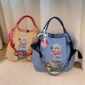 Japanese Painter Cat Embroidery Shopping Bag