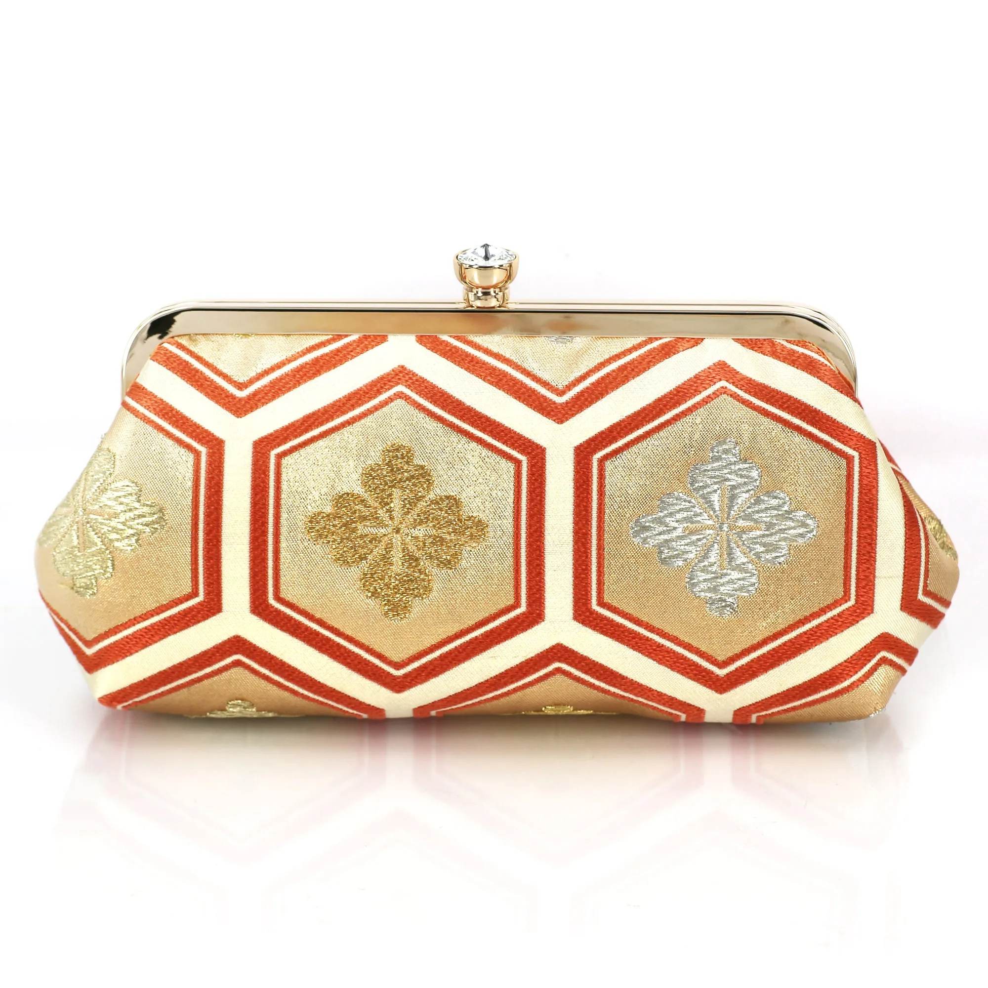 Kikko Hexagon Clutch Purse in Gold and Peach| Upcycled from vintage Japanese Obi