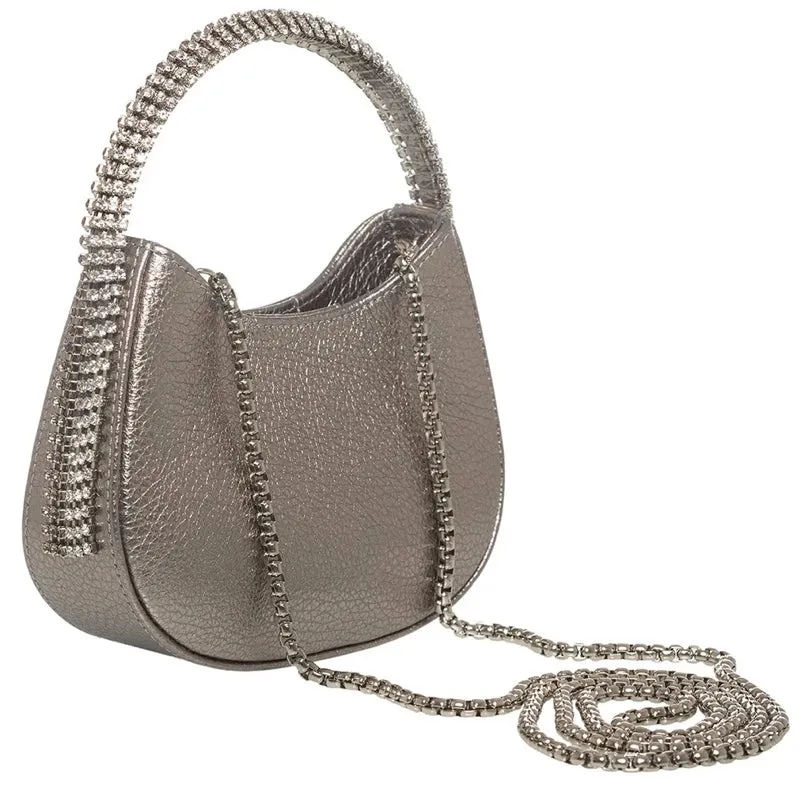 KODA BAG - SILVER CHAMPAGNE LEATHER - BLACK & WHITE STONES - SILVER CHAIN