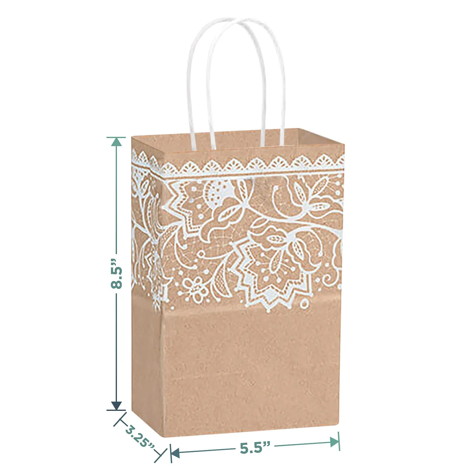 Kraft Brown and Lace Print Paper Gift Bags and Party Favor Bags, Small 5.25x3.5x8.25" (12 Pack)